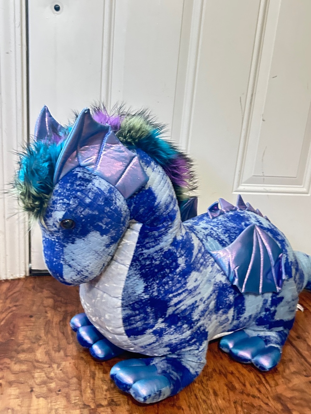 Plush Blue Tie-Dye Dragon Decorative Pillow with Iridescent Wings